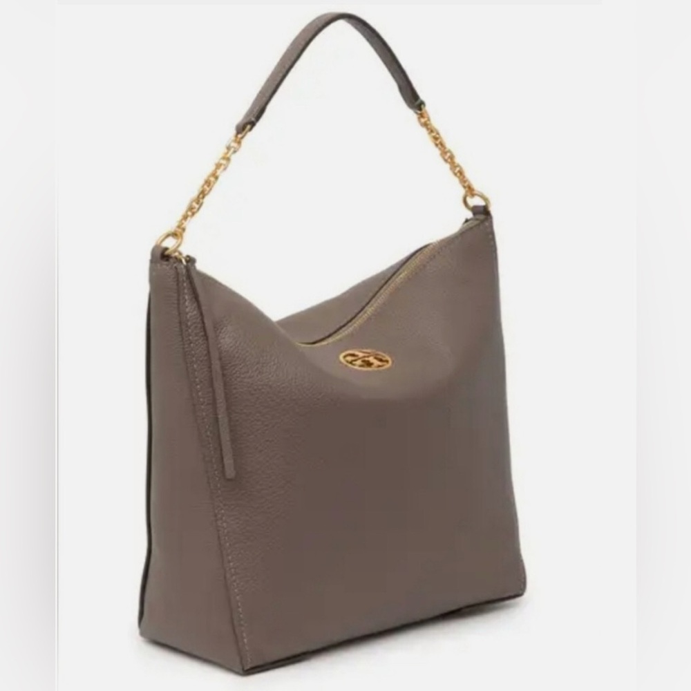 Tory Burch Carson Top Handle Hobo Soft Pebbled Leather Bag Gray Taupe NWOT’s - Picture 2 of 10